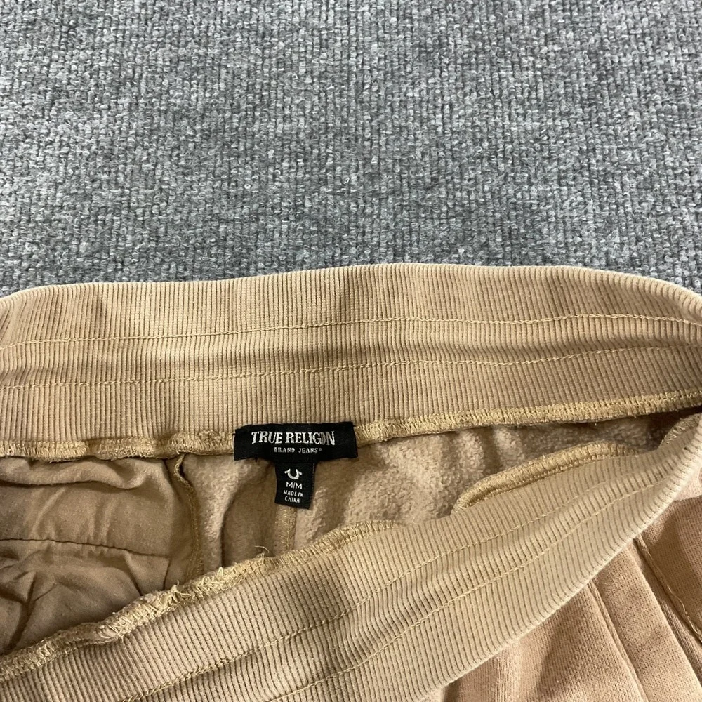 True Religion Mens Sweat Shorts Medium Beige Logo Drawstring Fleece Lounge M